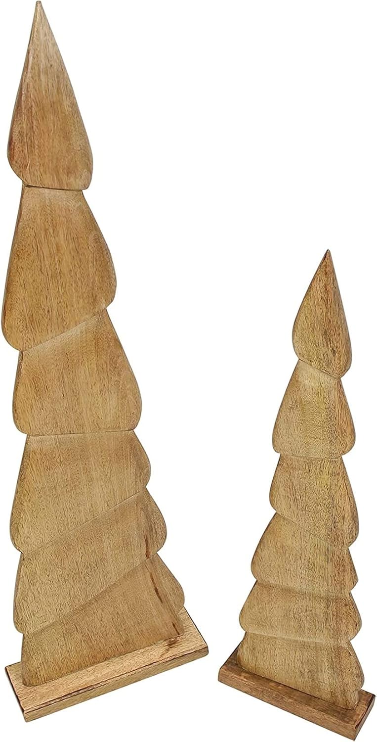 Dekoleidenschaft 2X Dekofigur Tannenbaum Schlank aus Mango-Holz, 60 + 80 cm hoch, Weihnachtsdeko, Fe