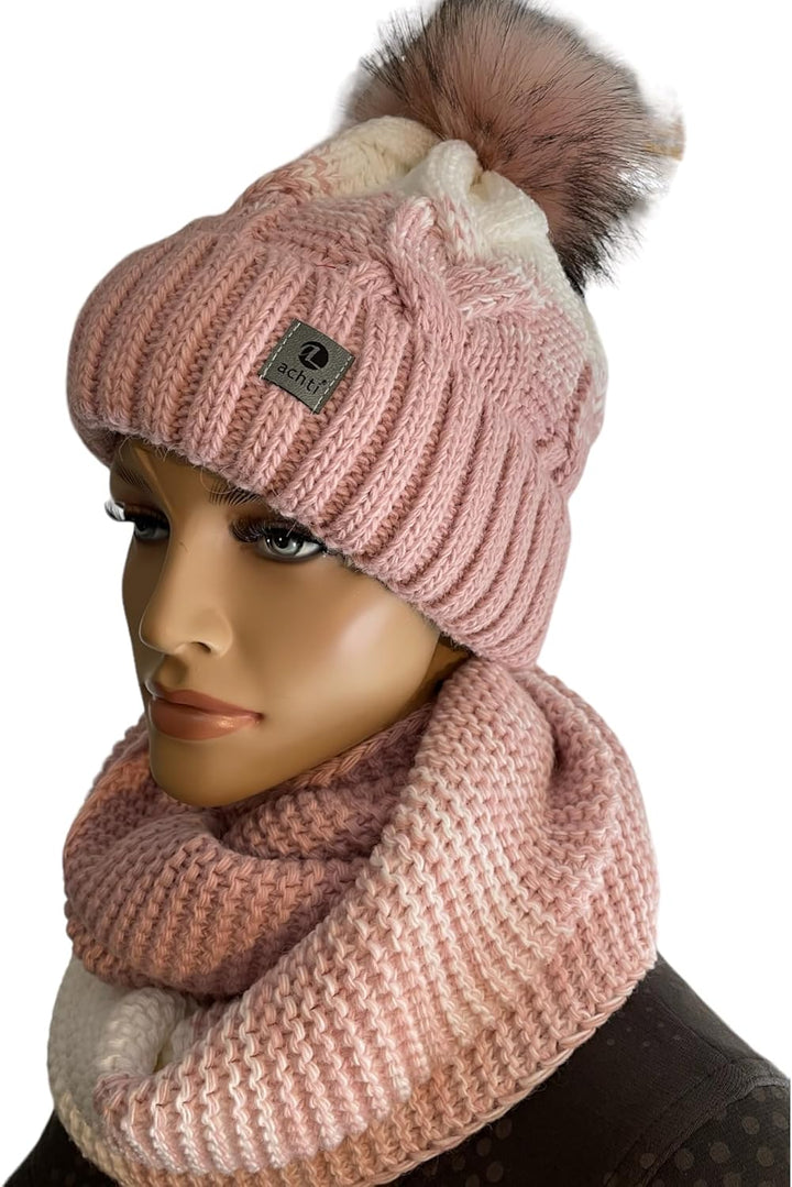 kennydoo Mütze & Schal Set achti I 2 teilig I Damen Kombi - Beanie mit grossem Bommel und Loop I kus