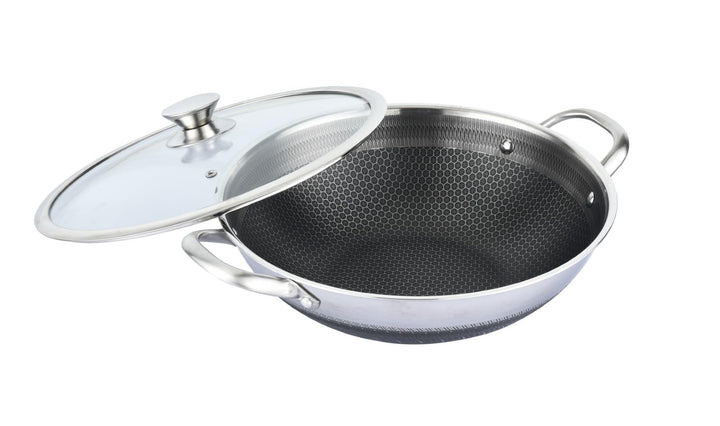 Wok Topf Edelstahl Wabenstruktur Ø36cm Induktion Anti Haft Kratzfest in Silber