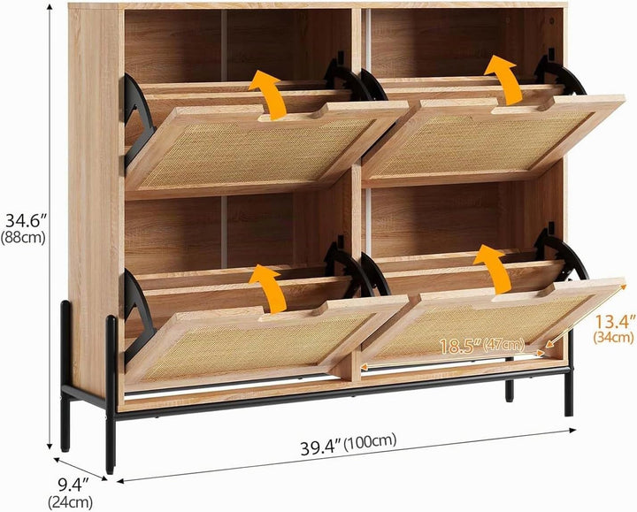 Garvee Schuhschrank Schmal Mit 4 Klappen, Schuhkipper Schuhkommode Schuhregal Mit 8 Ablageflächen Me