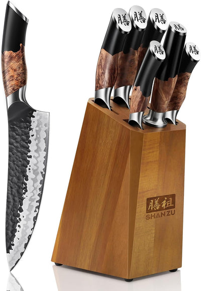 SHAN ZU Messerset 7 teilig, Japanisches Küchenmesser Set mit Block, 7 Schichten Hochwertigem Carbon