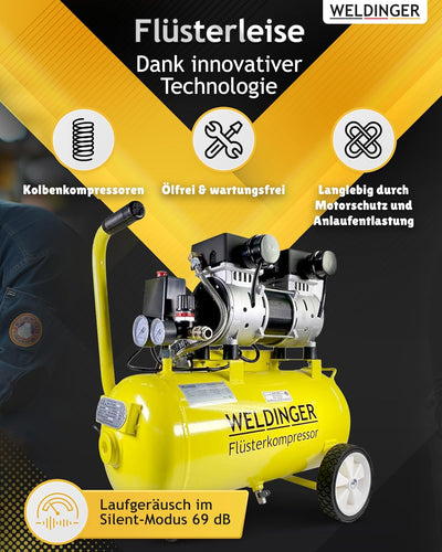 WELDINGER Flüsterkompressor FK 120 turbo pro 1500 W Luftabgabe 150 l/min ölfrei innenbeschichteter T