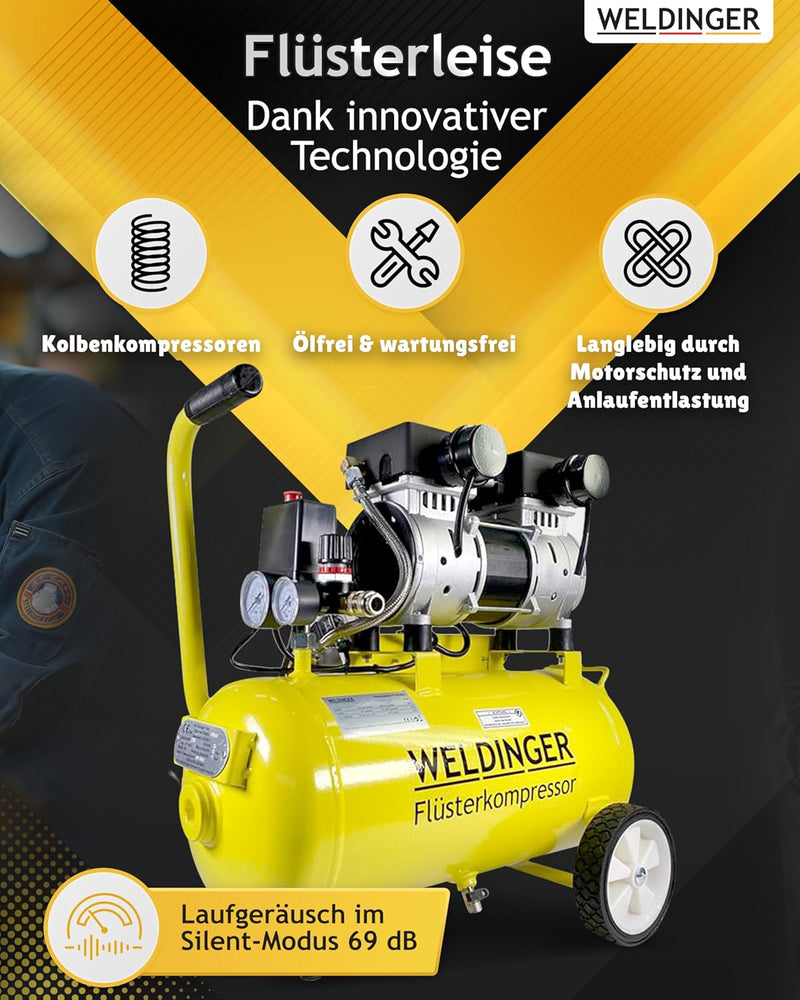 WELDINGER Flüsterkompressor FK 120 turbo pro 1500 W Luftabgabe 150 l/min ölfrei innenbeschichteter T