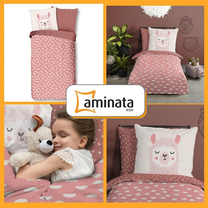 Aminata kids Bettwäsche Lama-Alpaka-Motiv Mädchen 135 x 200 Baumwolle Jugendliche - Teenager - mit R