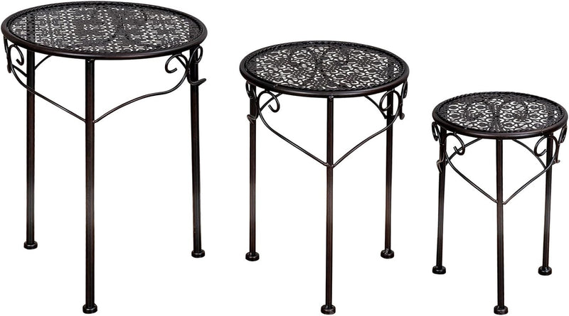 3er Set Blumenhocker Metall Schwarz Pflanzenständer Braun Rund Tisch Garten Deko Blumenständer, Schw