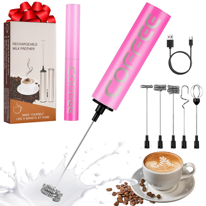 Milchschäumer Elektrisch USB-C mit 5 Wechselbaren Edelstahl-Schneebesen–2 Einstellbare Geschwindigke