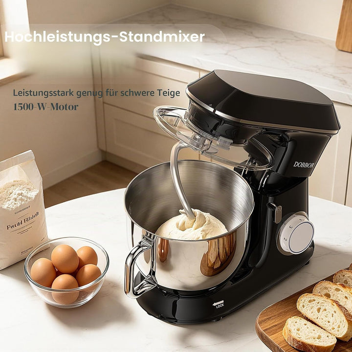 9.5L Küchenmaschine Knetmaschine 1500W, DOBBOR Rührmaschine mit Rührbesen, Knethaken, Schlagbesen, S