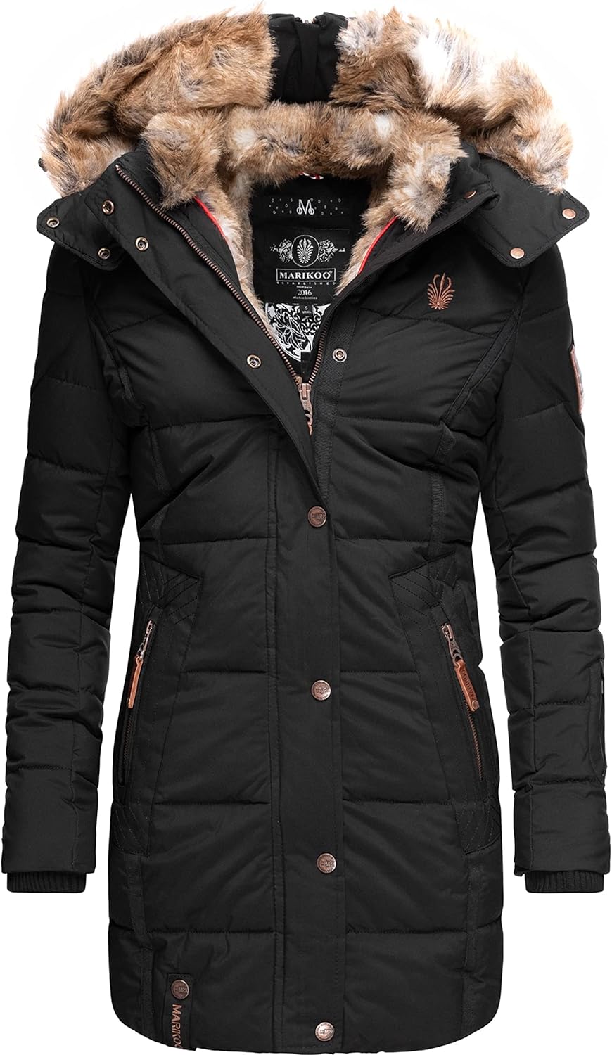 MARIKOO Damen Warmer Winter Steppmantel mit Kapuze Lieblings Jacke XS-XXL XXL Schwarz, XXL Schwarz