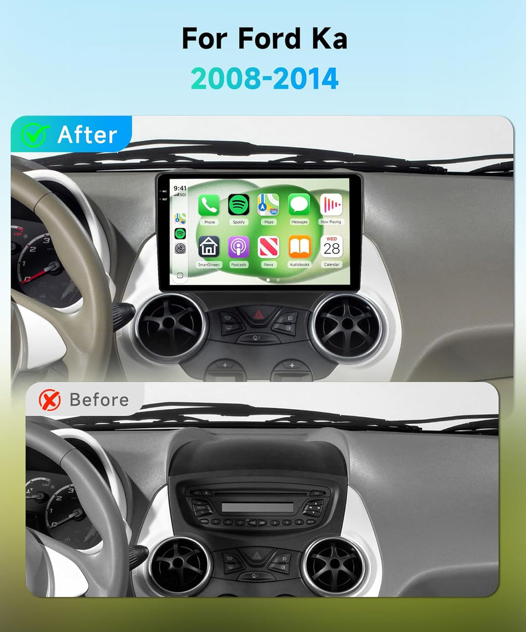 Rimoody 4G+64G Android Autoradio für Ford Ka 2008-2014 Wireless Carplay Android Auto, 9 Zoll Incell