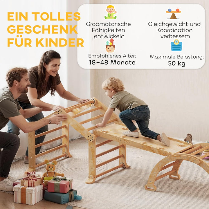 AIYAPLAY 9-in-1 Montessori Klettergerüst Indoor Holz Kletterdreieck mit Rutsche, Kletterbogen, Rampe
