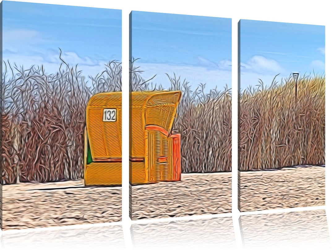 gelber Strandkorb NewArt 3-Teiler Leinwandbild 120x80 Bild auf Leinwand, XXL riesige Bilder fertig g