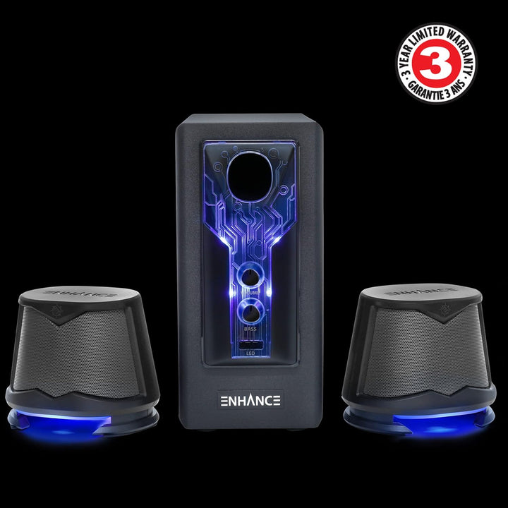 ENHANCE SB 2.1 Computerlautsprecher mit Subwoofer – Blau LED-Gaming-Lautsprecher, High-Excursion-Sou