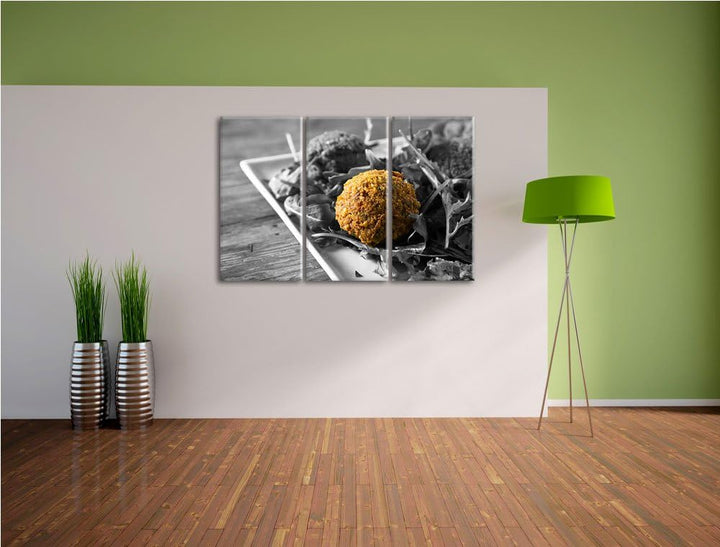 Fleischbällchen Salat schwarz/weiss 3-Teiler Leinwandbild 120x80 Bild auf Leinwand, XXL riesige Bild