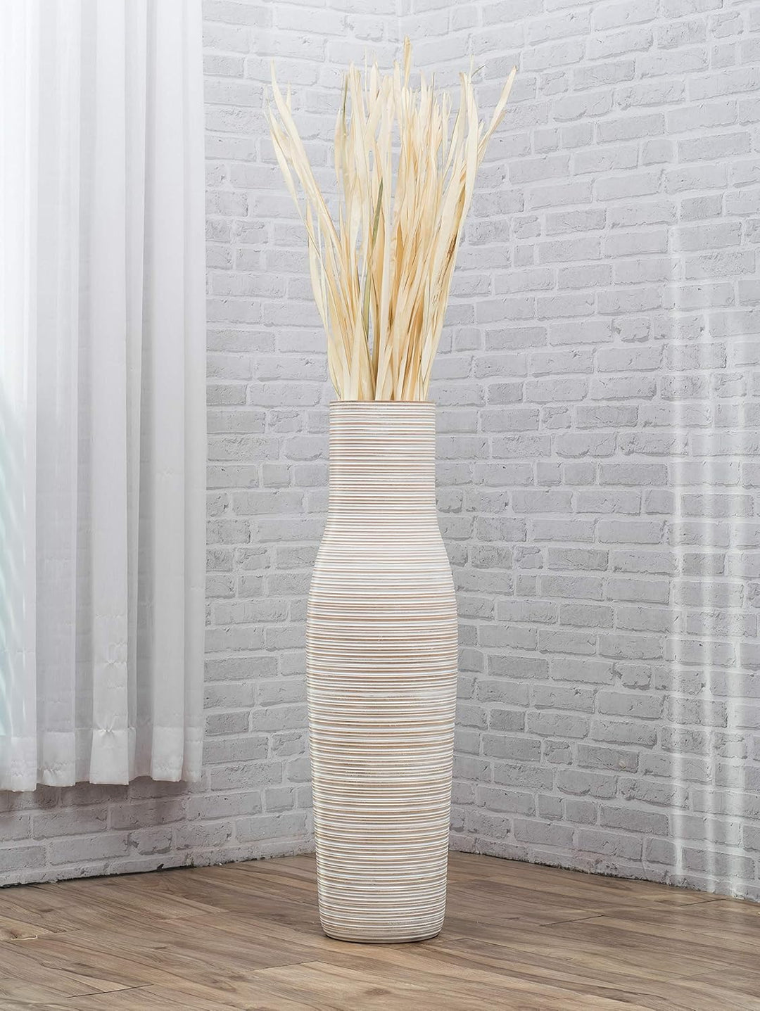 Leewadee Grosse Bodenvase für Dekozweige hohe Standvase Design Holzvase, Holz, 90 cm, White wash 90