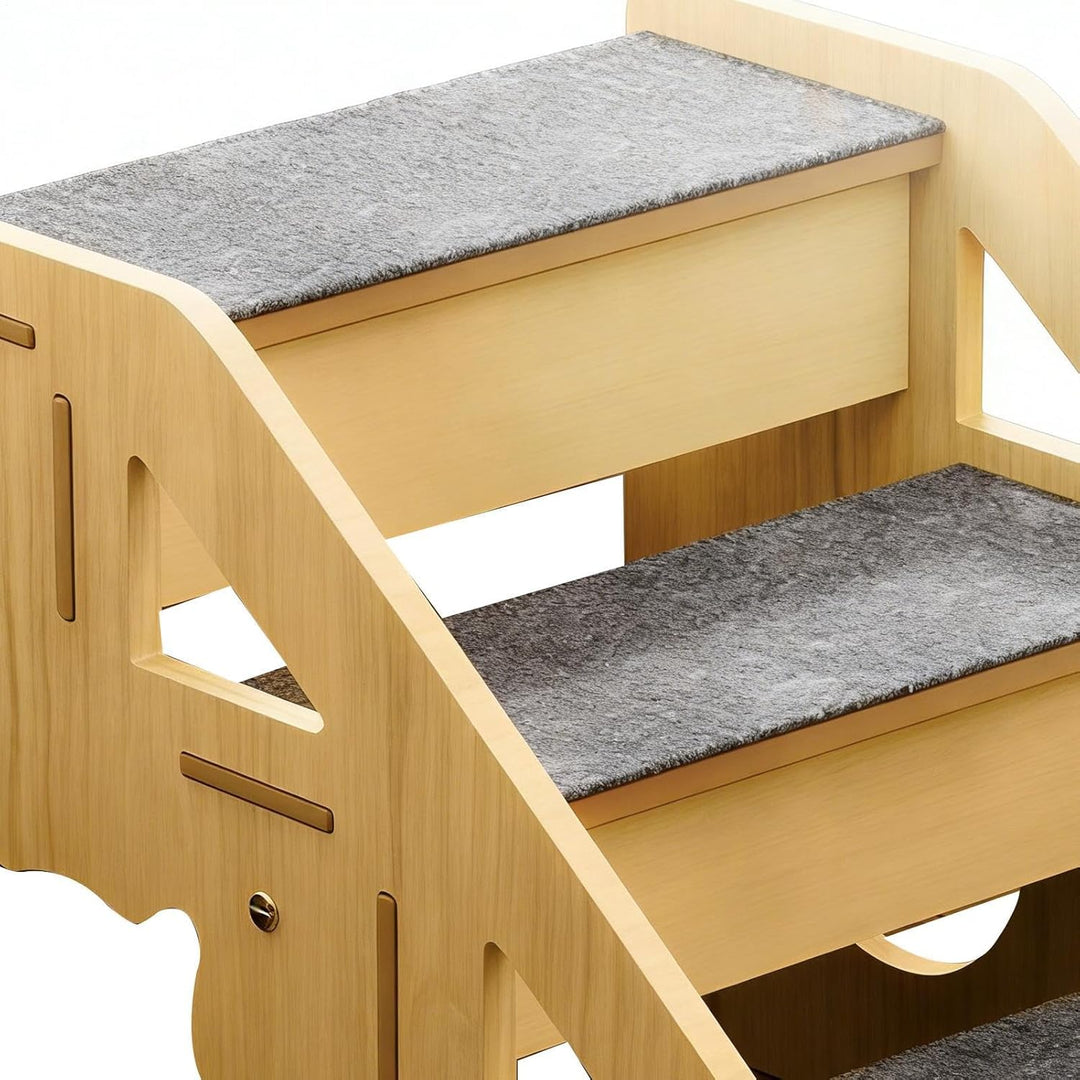Hunderampe,Stabile rutschfeste Holztreppe für Hunde und Katzen - 3-Stufen-Hundetreppe für hohe Bette