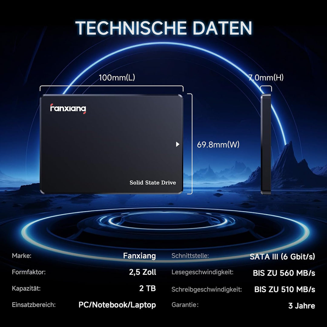 fanxiang SATA SSD 2TB 2,5 Zoll Interne SSD 550 MB/s Lesen, 500 MB/s Schreiben, Festplatte für schnel