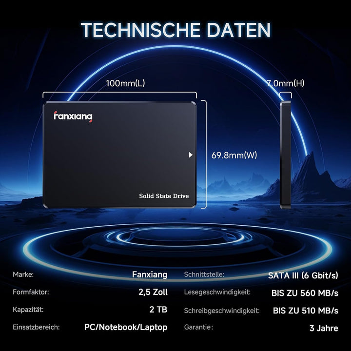fanxiang SATA SSD 2TB 2,5 Zoll Interne SSD 550 MB/s Lesen, 500 MB/s Schreiben, Festplatte für schnel