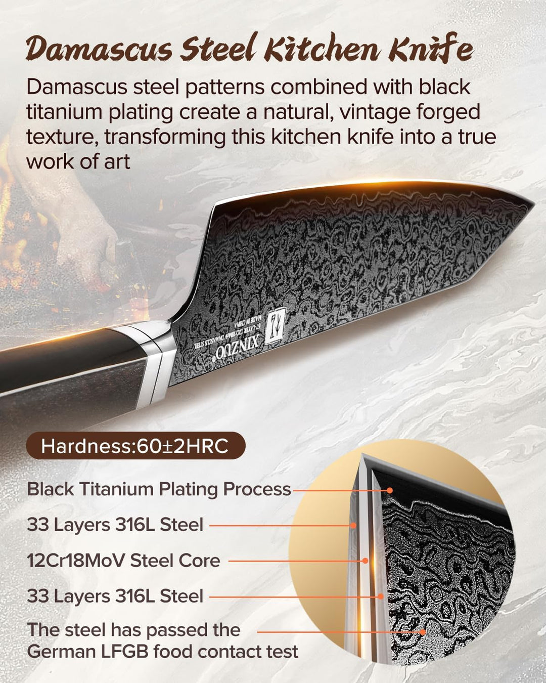 XINZUO 21cm Kiritsuke Kochmesser 67 Schichten Damaststahl Handgeschmiedet Chefmesser, Schwarze Titan