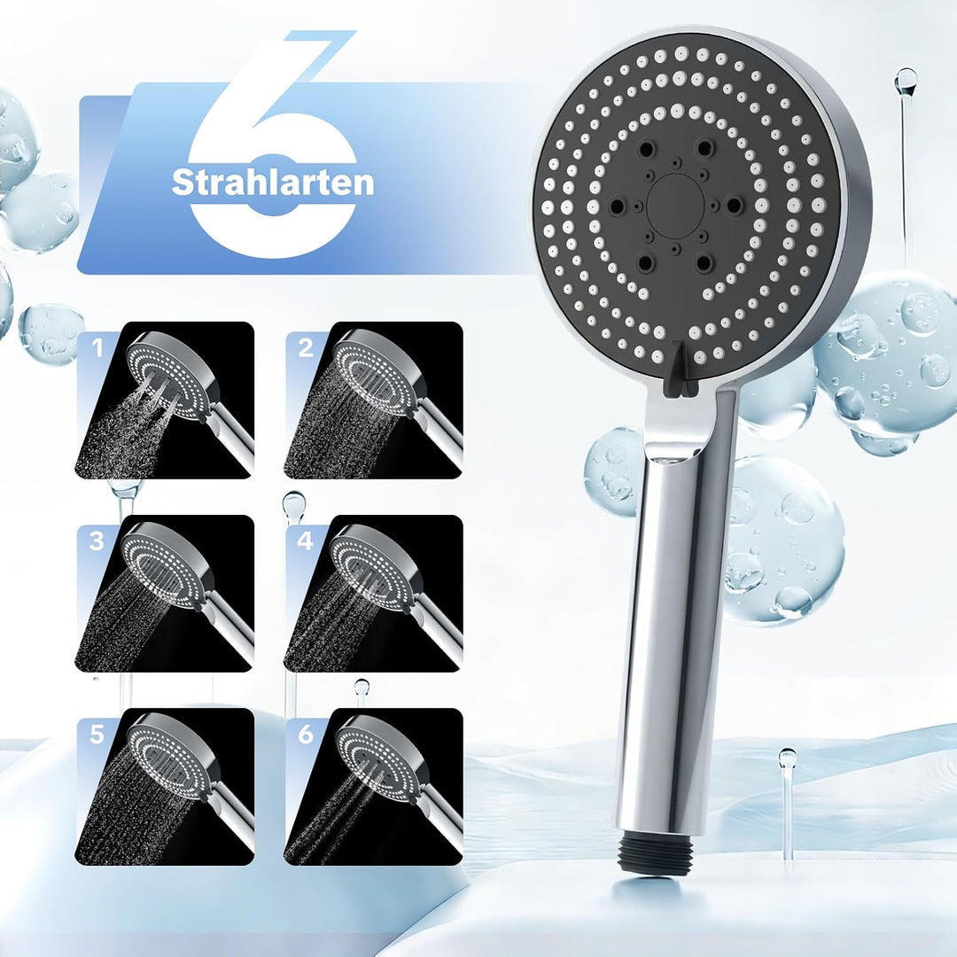 OFFO Duschkopf mit Schlauch und Halterung, 100 mm Duschbrause mit 6 Strahlarten, Handbrausen Wassers