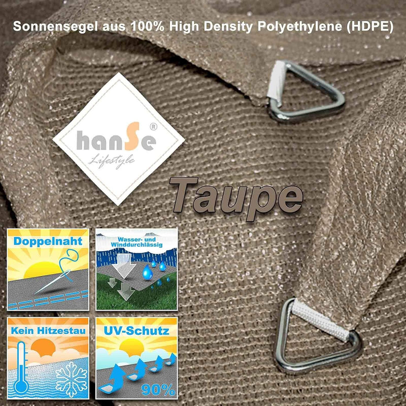 hanSe Sonnensegel rechteckig, Segeltuch Rechteck, 2x3m in Taupe, aus HDPE Gewebe, wetterbeständig, m