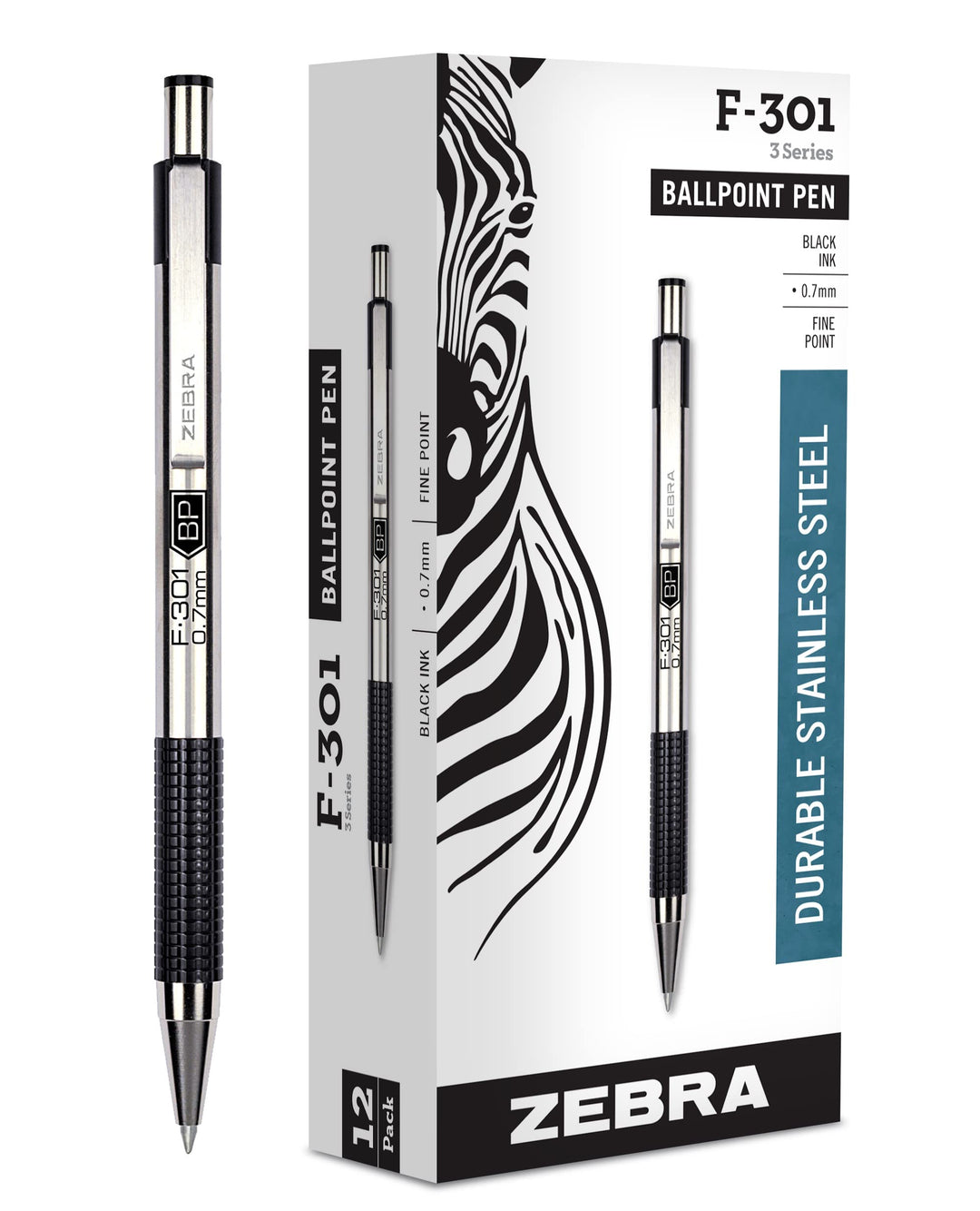 Zebra F-301 Stainless Steel Retractable Ballpoint Pen, 0.7mm, Black, (27110) by Zebra Pen