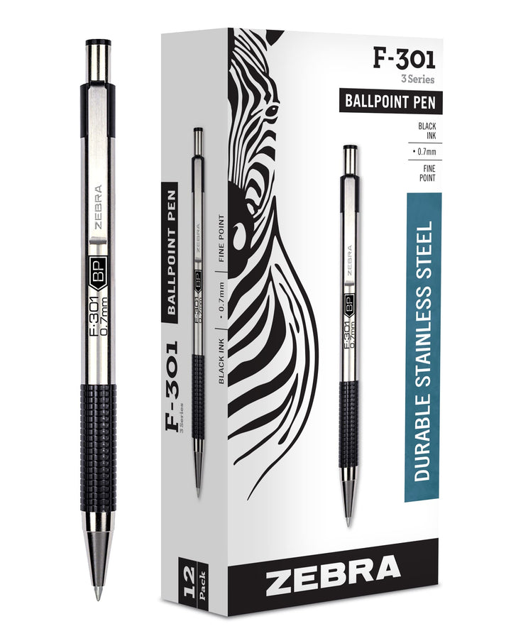 Zebra F-301 Stainless Steel Retractable Ballpoint Pen, 0.7mm, Black, (27110) by Zebra Pen