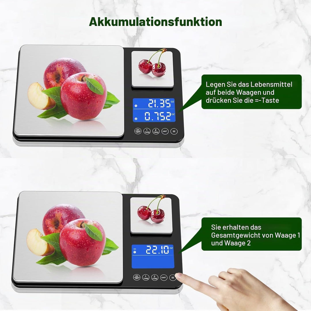 BRICH küchenwaage digital mit Dualer Plattform – 500g/0,01g &amp; 15kg/1g Präzision, Summierfunktion, 7