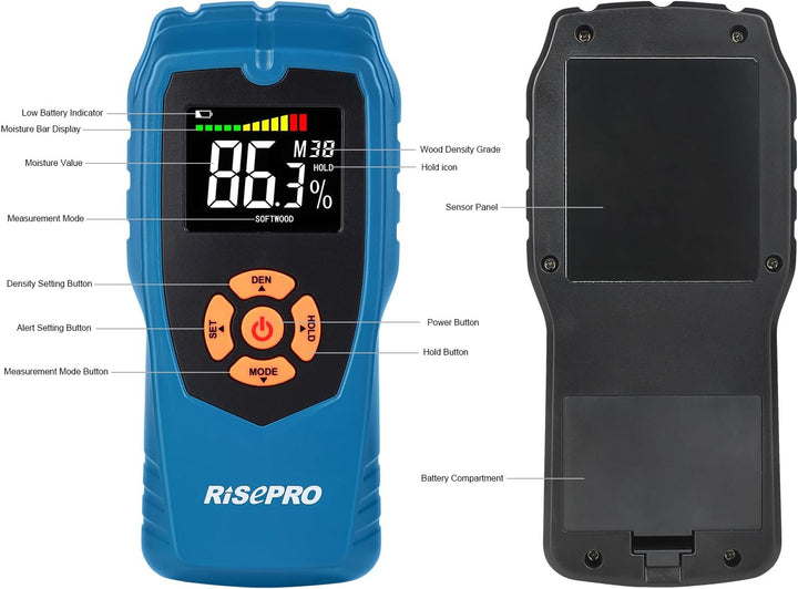 RISEPRO Holzfeuchtemessgerät Stiftloser zerstörungsfreier Holzfeuchtedetektor-Scanner für Brennholz,