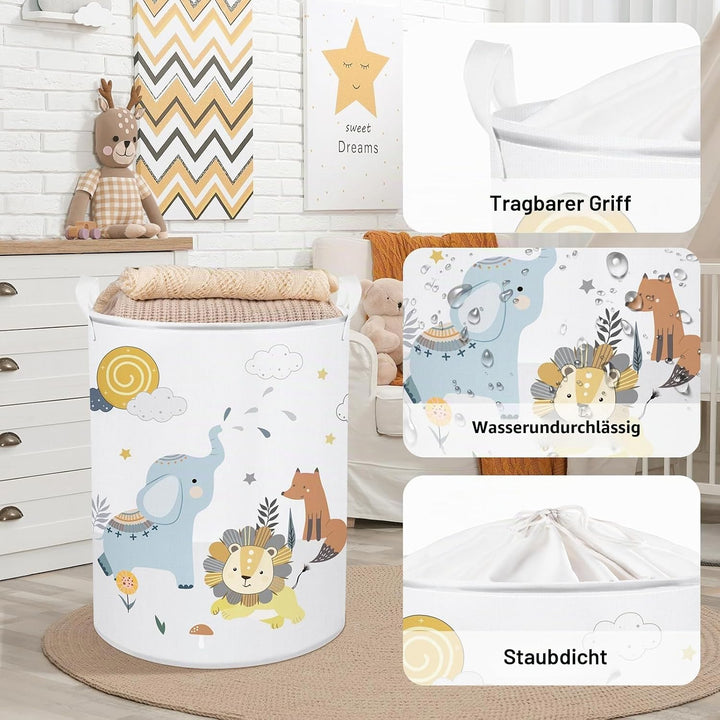 Clastyle Waldtier Löwe Elefant Weiss Kinder Wäschekorb für Jungen Mädchen Grosse Fuchs Kleidung Spie