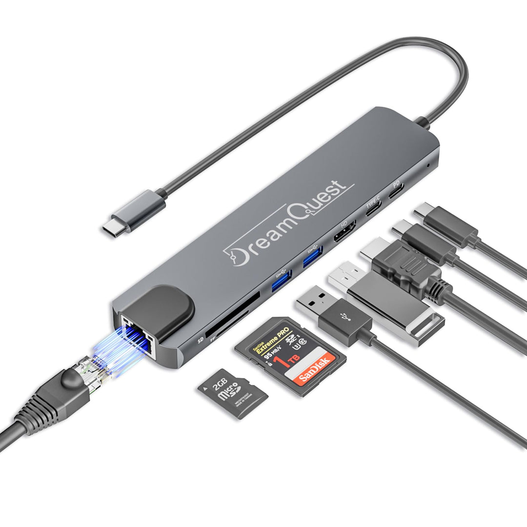 DreamQuest 8-in-1 USB C Hub Dockingstation, USB-C Adapter mit 4K HDMI, 100W PD Ladefunktion, RJ45 Et