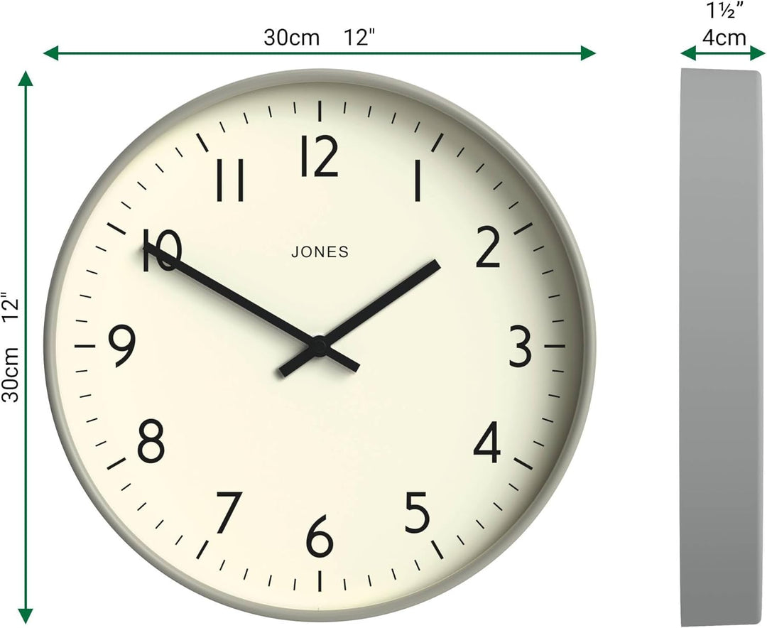 JONES CLOCKS® Studio Uhr | Moderne runde wanduhr | 30cm | Grau | Leicht lesbare Zahlen | Vielseitige