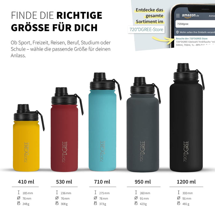 720°DGREE Edelstahl Trinkflasche “noLimit” – 1200ml - Auslaufsicher, Kohlensäure geeignet, BPA-Frei