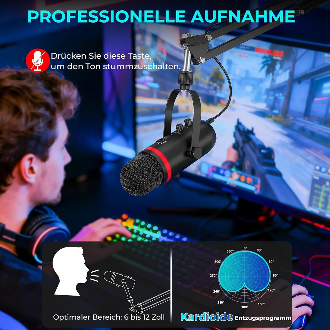 zealsound Podcast Mikrofon mit Arm -RGB Rauschunterdrückung Gaming Kondensatormikrofon für PC &amp; Hand
