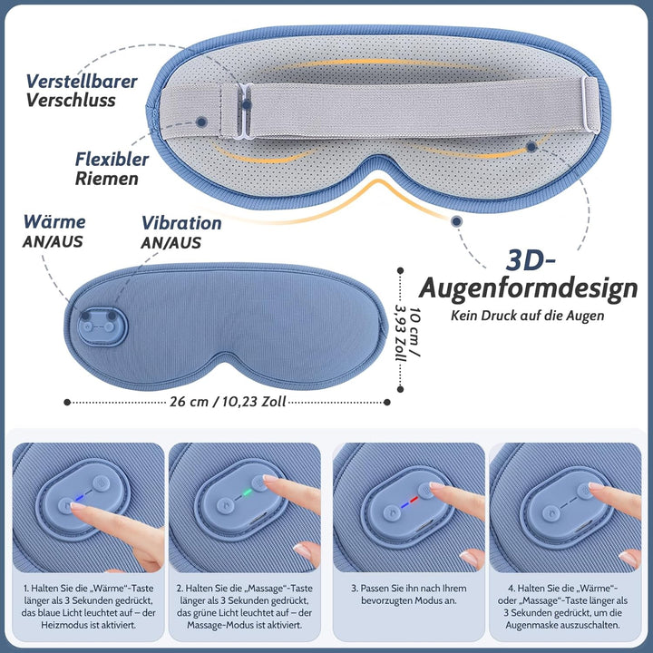 Wiederaufladbare Kabellose 3D Augenwärme Schlafmaske, Lichtundurchlässig Augenmaske mit Einstellbare