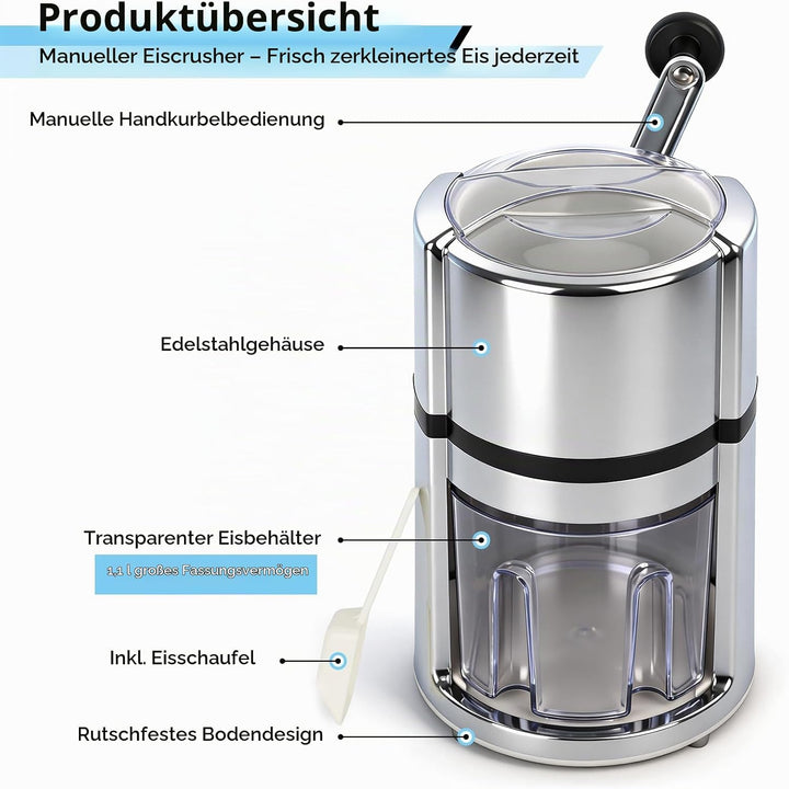 Ice Crusher, Manueller Eiscrusher Edelstahl 1,1 L, Crushed Ice Maker mit Handkurbel, Edelstahl Manue
