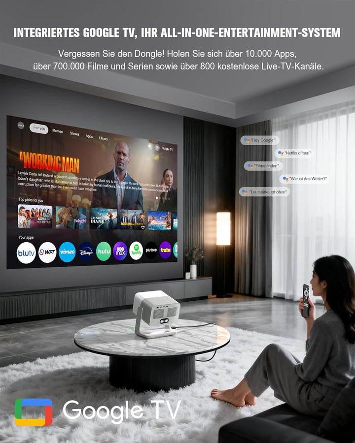 Smart Beamer【Google TV/Offizielle App】 VOPLLS Beamer 4K Heimkino 2000ANSI mit Autofokus ＆ Trapezkorr