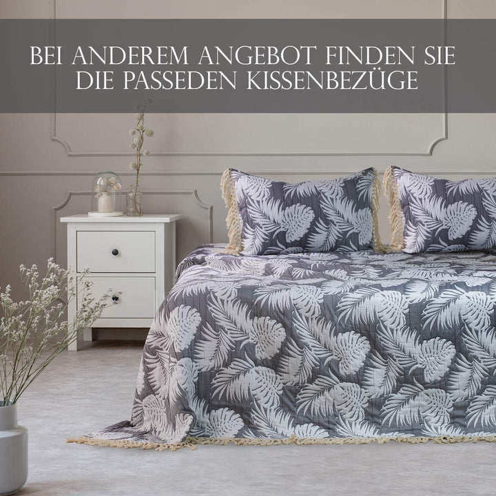 DecoKing 64344 220x240 cm Tagesdecke Jaquard mit Fransen Palmenblätter Monstera weiss grau zweiseiti