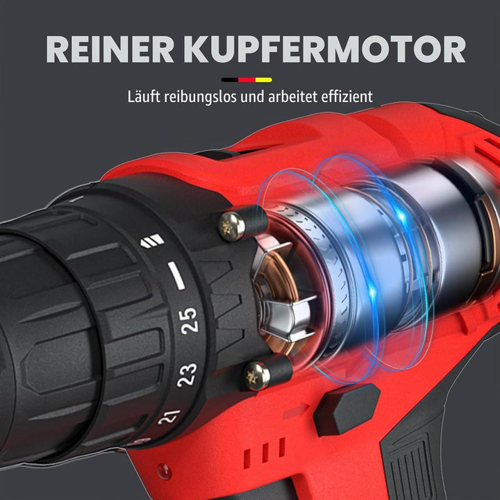 Akku Bohrmaschine 21V Akku Akkuschrauber Set mit 3/8'' Metallfutter, 25+1 Drehmomentstufen, LED-Lich
