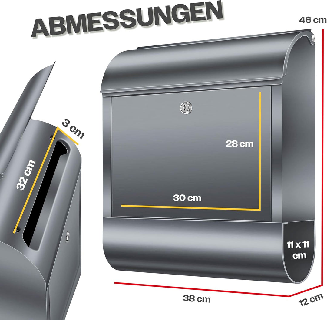 KESSER® Briefkasten XXL Edelstahl Anthrazit, Wandbriefkasten mit Zeitungsfach abschliessbar mit 3 Sc