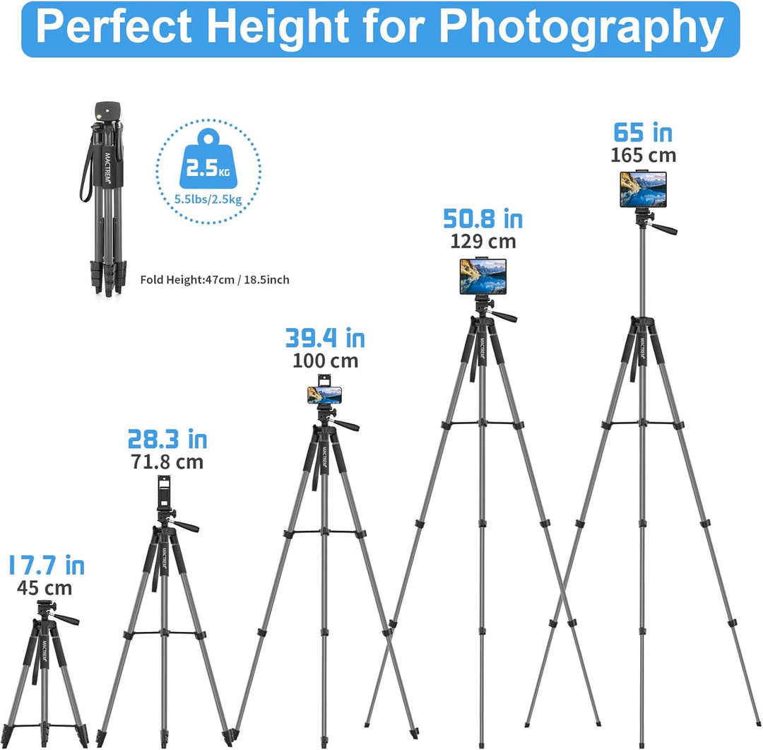 Handy Stativ, Upgrade 165cm / 65" Kamera Stativ für Smartphone iPad, 360° Drehung Tragbar Tripod mit