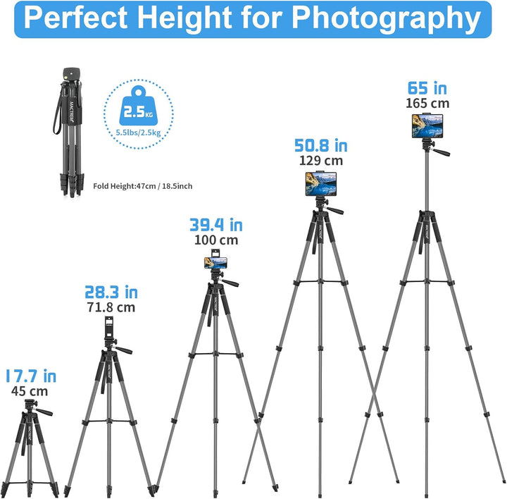 Handy Stativ, Upgrade 165cm / 65" Kamera Stativ für Smartphone iPad, 360° Drehung Tragbar Tripod mit