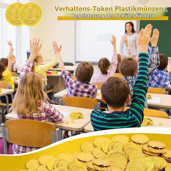 Prasacco 300 Stück Goldmünzen, Kunststoff Goldmünzen, Spielmünzen für Kinder - Spielgeld, Mitgebsel,