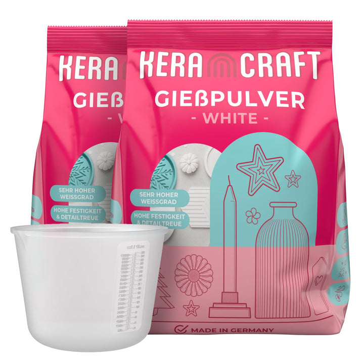 KERACRAFT Giesspulver weiss 2x4,5kg mit 1.000ml Silikonbecher zum Giessen - Reliefgiesspulver weiss