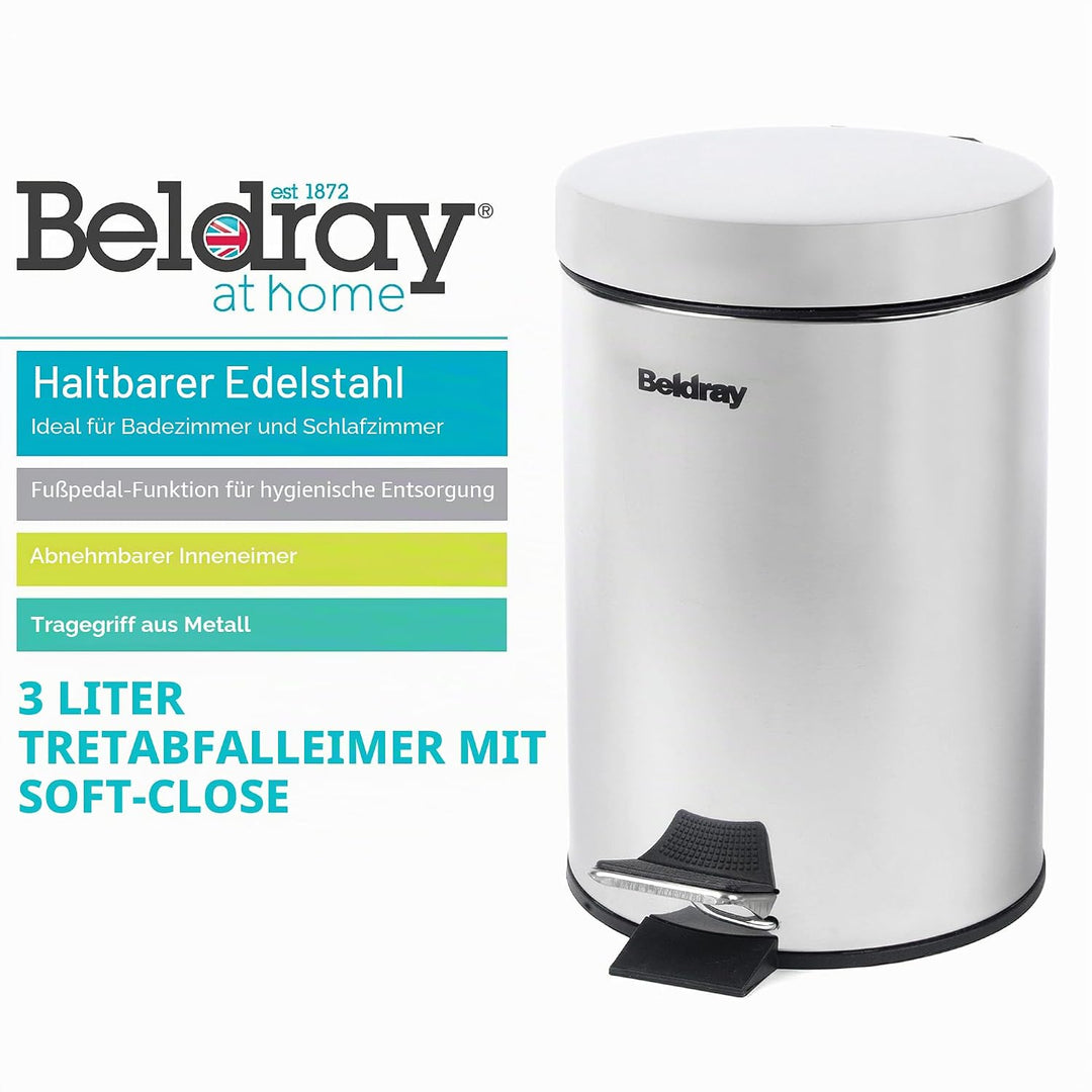 Beldray LA038098SS Badezimmer-Fusspedal-Mülleimer - Kleiner runder Edelstahl-Hygienemülleimer für Sc