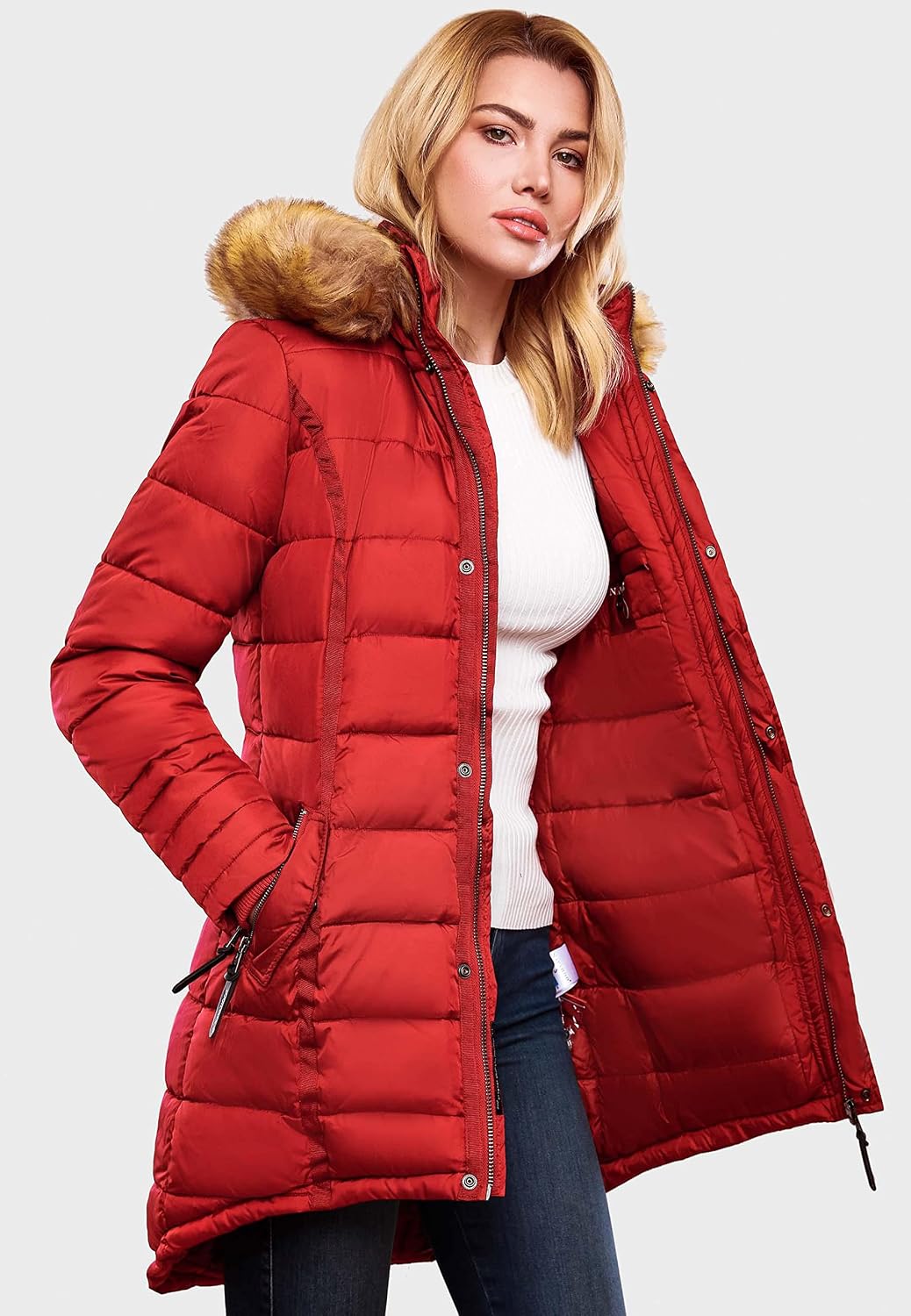 Navahoo Damen Warmer Winter Steppmantel Papaya XS-XXL S Rot, S Rot
