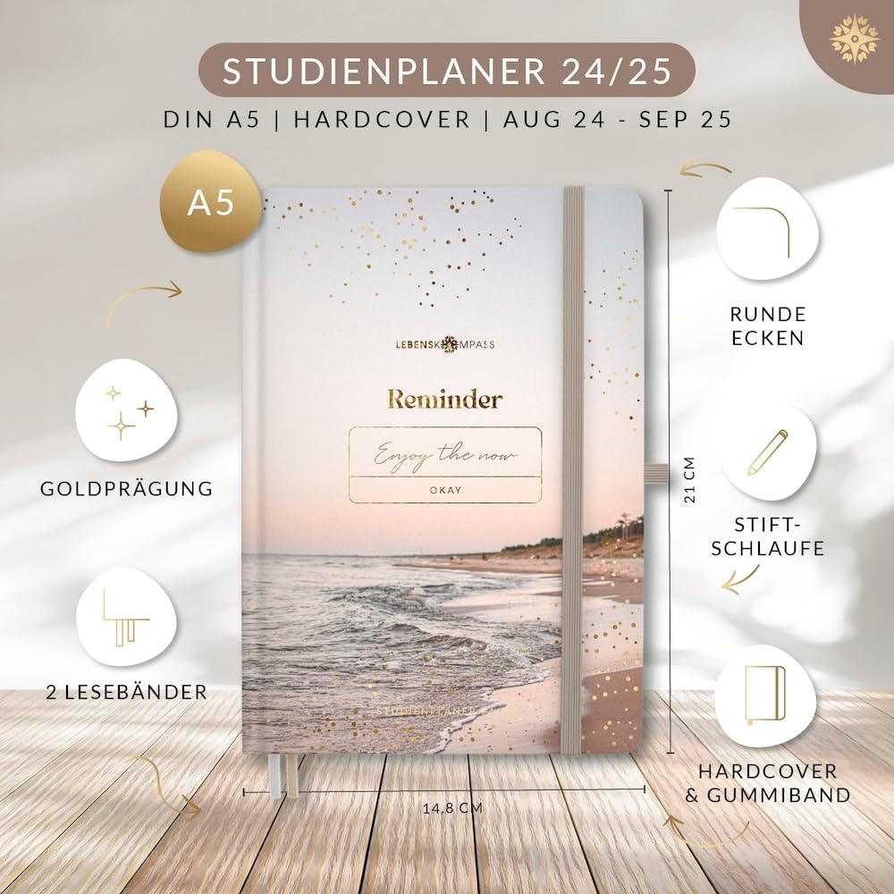 Lebenskompass Studienplaner 2024 2025 A5 ”COAST” - Schöner Semesterplaner für Uni - Terminplaner Buc