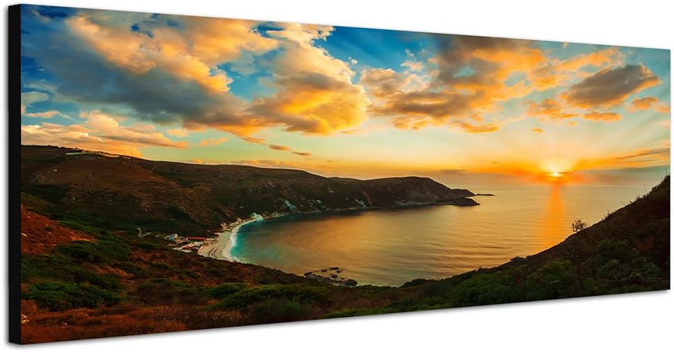 Paul Sinus Art Panoramabild auf Leinwand und Keilrahmen 150x50cm Griechenland Küste Meer Sonnenunter