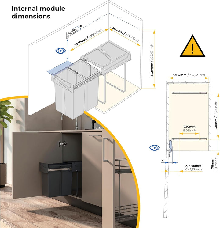 Emuca - Recycling-Behälter für die Küche, Bodenbefestigung und Handauszug, 2x25l, Kunststoff anthraz