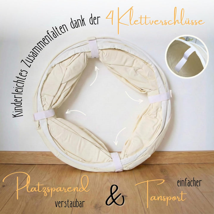 LIONHERZ® Spieltunnel für Kinder aus Baumwolle/Hanf mit Klettverschlüssen [180cm x 46cm] Krabbeltunn