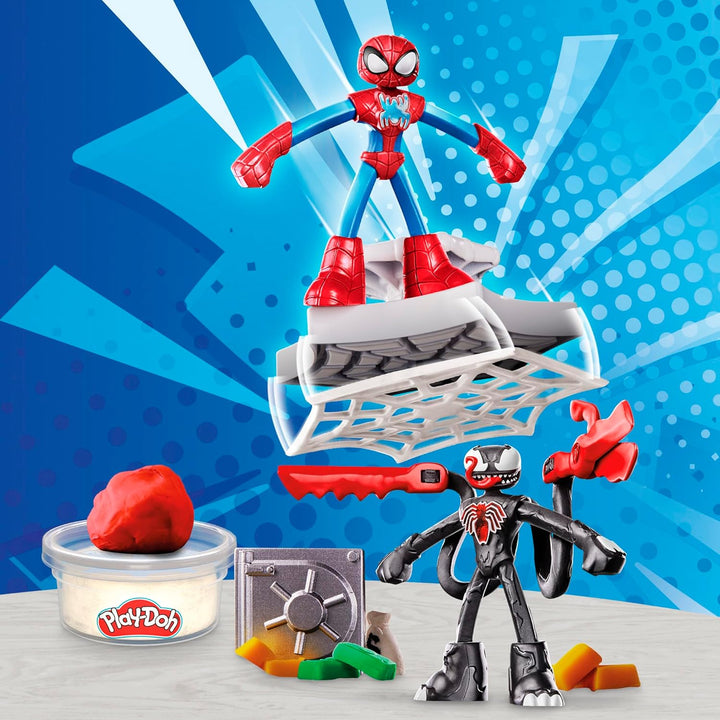 Play-Doh Marvel Spider-Man Netz-Action Set, 2 Spielfiguren und vielen Knetformen, 4 Dosen Modellierm